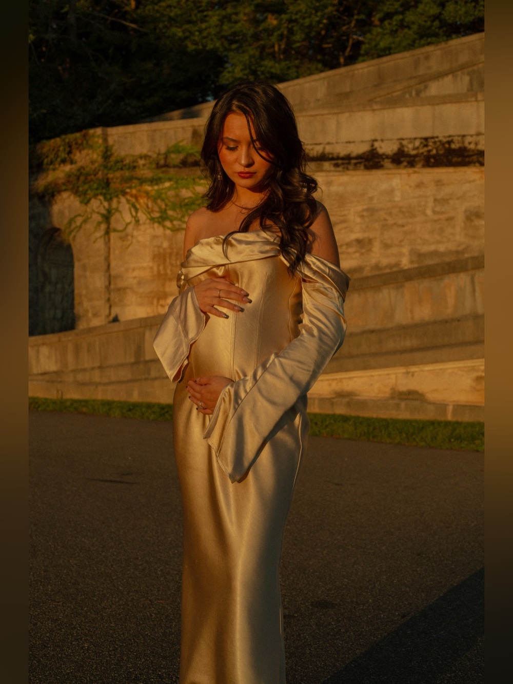 Meshki Strapless Satin Gown in Champagne